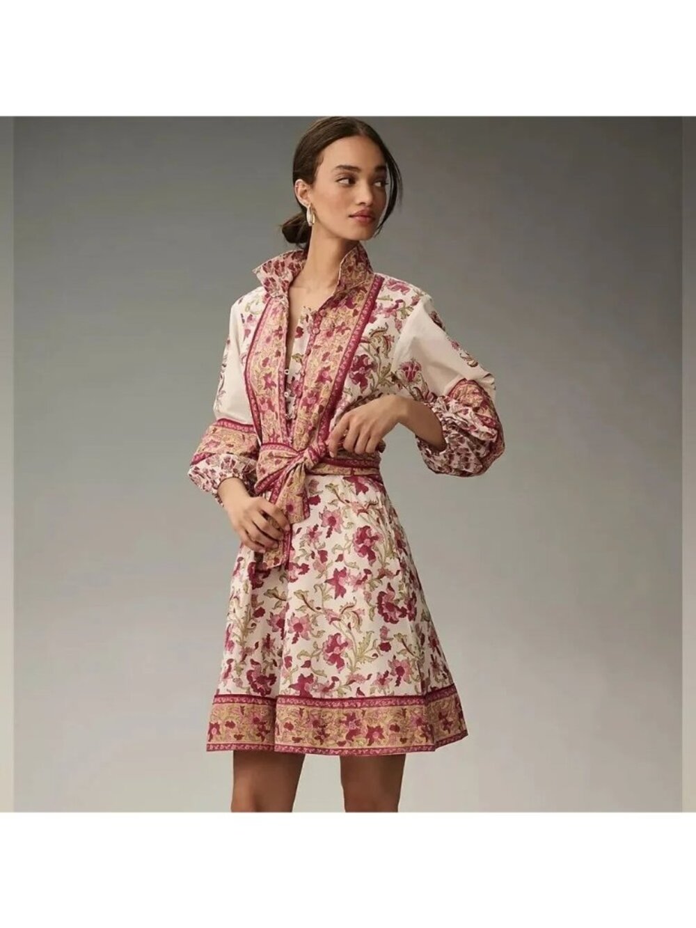 NEW Sue Sartor Pink Floral Longe Sleeve Belted Short Flounce Dress Womens Large